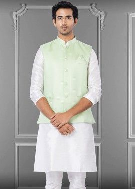 Green Plain Mens Nehru Jacket In Art Silk