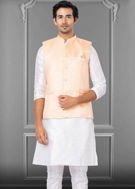 Peach Mens Plain Nehru Jacket In Linen