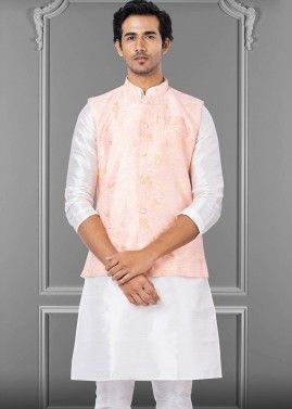 Pink Mens Linen Nehru Jacket With Foil Prints