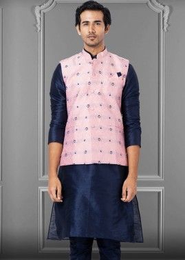Pink Woven Mens Nehru Jacket In Jacquard