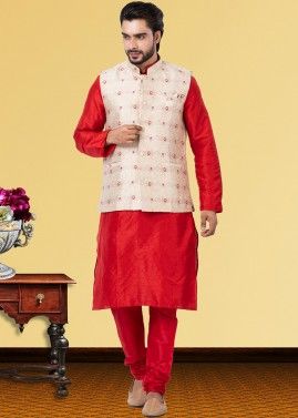 Red Dupion Silk Kurta Pajama With Nehru Jacket