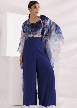 Blue Abstract Print Cape Style Pant Set