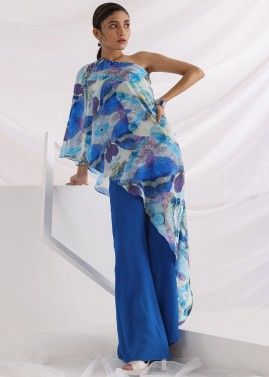 Blue Abstract Print One Shoulder Top & Pant Set