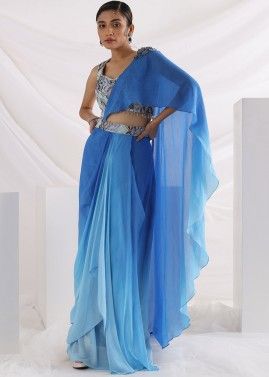 Blue Embroidered Top Skirt & Attached Dupatta