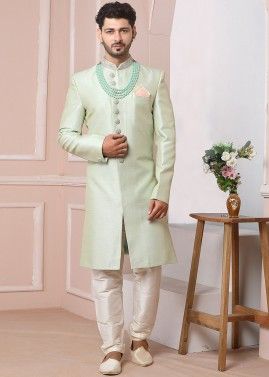 Green Readymade Indo Western Sherwani In Art Silk