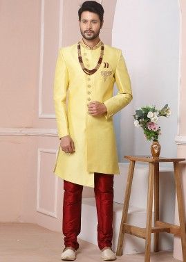 Yellow Asymmetric Readymade Sherwani In Silk
