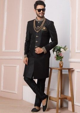 Black Readymade Indo Western Silk Sherwani