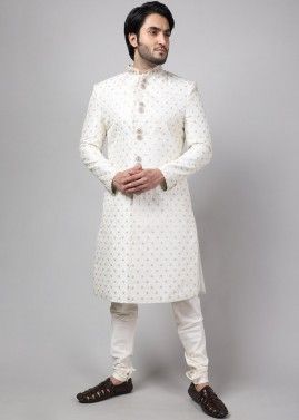 White Embroidered Sherwani With Churidar For Men