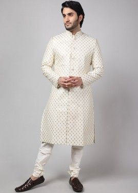 Off White Embroidered Sherwani Set For Men