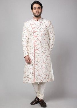 Readymade Mens Off White Embroidered Sherwani Set