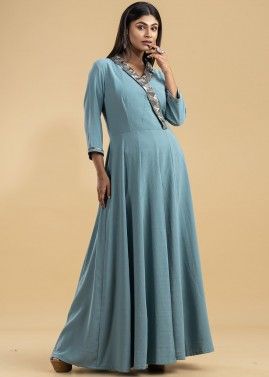 Blue Slit Style Embroiered Tunic In Crape