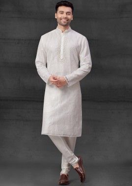 White Mens Embroidered Organza Kurta Pajama