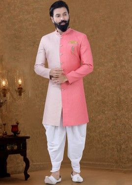 Pink Readymade Sherwani With Dhoti In Silk
