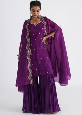 Purple Emroidered Kurta Set With Cape Style Jacket