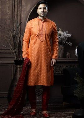 Readymade Orange Kurta Pajama In Printed Designs