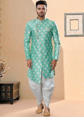Blue Mens Indo Wester Sherwani With Woven Motifs