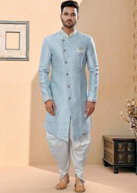 Blue Embroidered Indo Western Sherwani With Dhoti