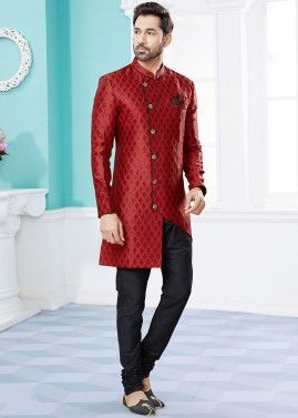 Red Woven Indo Western Sherwani For Men