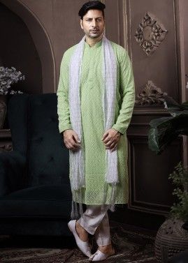 Green Readymade Chikankari Kurta Pajama In Georgette