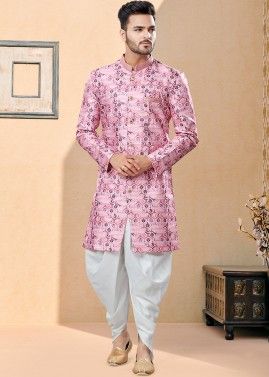 Readymade Pink Printed Sherwani With Dhoti