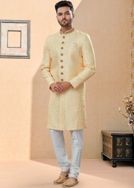 Yellow Embroidered Readymade Sherwani Set