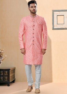 Pink Embroidered Readymade Sherwani Set