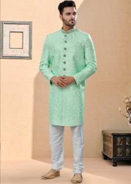 Green Embroidered Readymade Sherwani Set