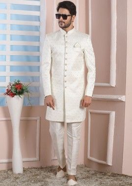 Readymade White Sequined Indo Western Sherwani Set