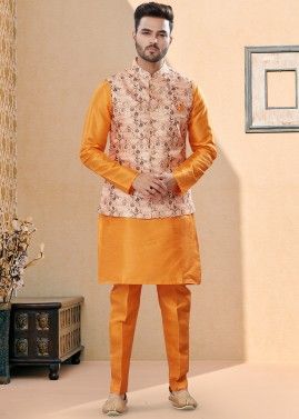 Readymade Orange Kurta Pajama With Printed Jacket