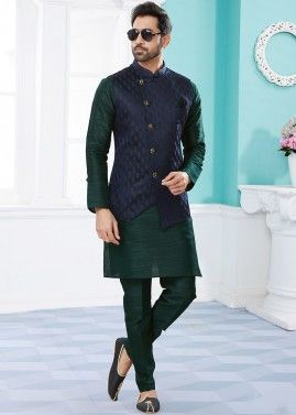 Green Readymade Kurta Pajama Set With Nehru Jacket