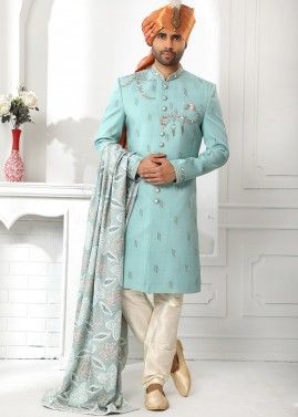 Blue Embroidered Sherwani Set With Stole