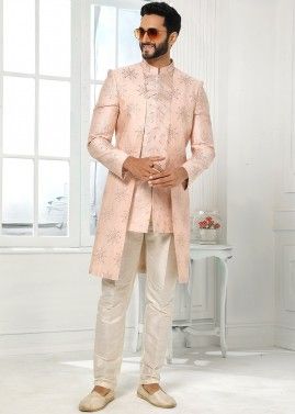 Pink Embroidered Jacket Style Mens Indo Western Sherwani