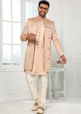 Peach Mens Embroidered Jacket Style Indo Western Sherwani Set