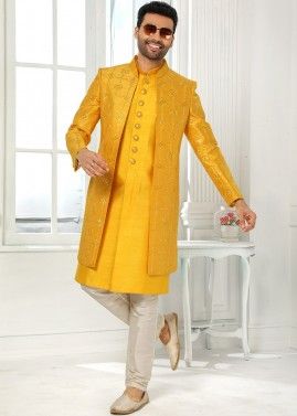 Yellow Embroidered Mens Indo Western Sherwani