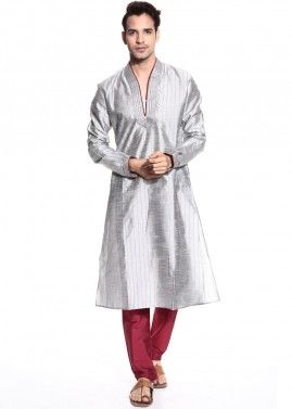 Readymade Silver Art Silk Kurta Pyjama Set