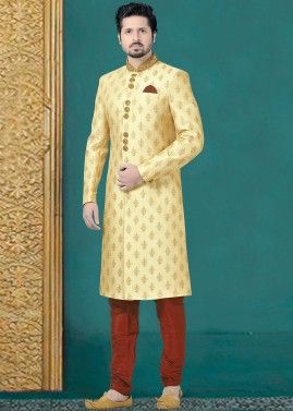 Yellow Readymade Embroidered Sherwani In Silk