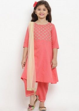 Peach Embroidered Readymade Kids Pant Salwar Suit