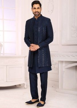 Blue Readymade Sequins Embroidered Indo Western Sherwani