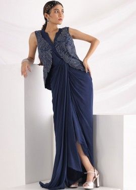 Blue Embroidered Jacket Style Draped Gown