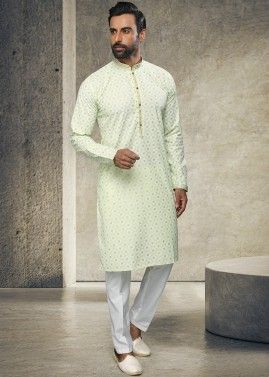 Green Cotton Kurta Pajama In Printed Designs