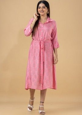 Pink Floral Print Cotton Dress