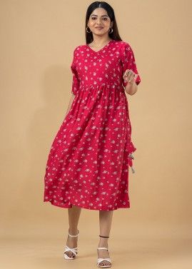 Pink Rayon Floral Printed Dress