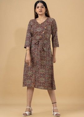 Brown Printed Dress In Cotton