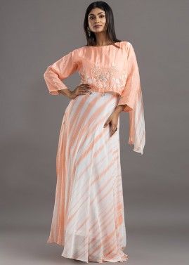 Peach Chiffon Tie-Dye Printed Gown