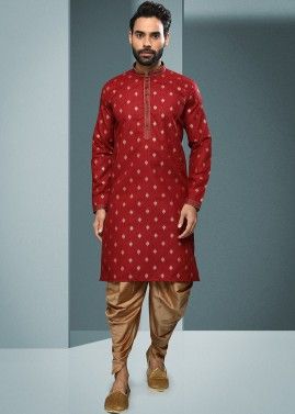 Red Printed Readymade Cotton Dhoti Kurta Set