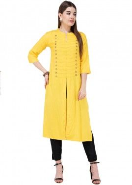 Yellow Slit Style Kurta Set In Rayon