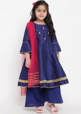 Blue Readymade Bell Sleeved Kids Palazzo Suit