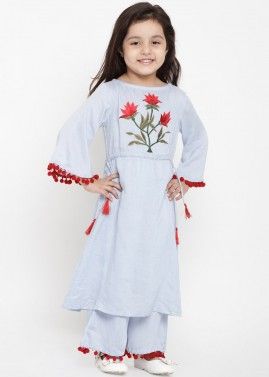 White Embroidered Readymade Tasseled Kids Kurta Set
