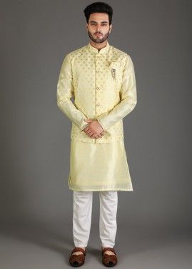 Yellow Kurta Pajama & Woven Nehru Jacket For Men