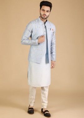 Readymade Blue Kurta Pajama & Woven Nehru Jacket